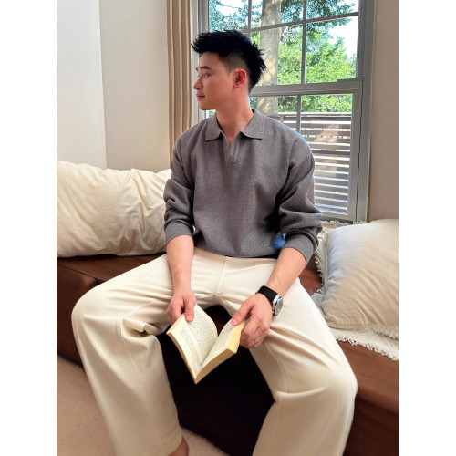 輕熟男士老錢松弛慵懶感紋理翻領針織長袖毛衣秋冬純色POLO衫線衣