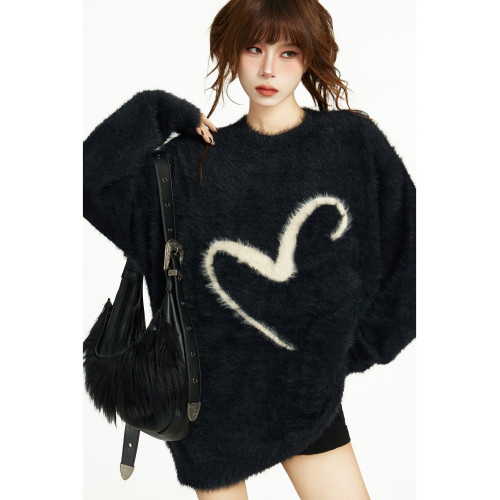 黑色套頭毛衣女秋冬季寬松慵懶風針織遮屁股馬海毛加厚長款設計感