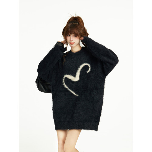 黑色套頭毛衣女秋冬季寬松慵懶風針織遮屁股馬海毛加厚長款設計感