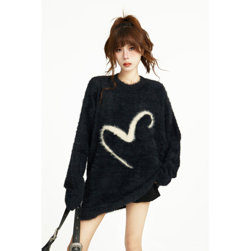 黑色套頭毛衣女秋冬季寬松慵懶風針織遮屁股馬海毛加厚長款設計感