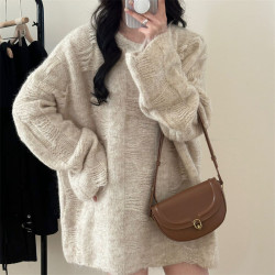 透視復古鏤空方塊圓領大毛衣中長款遮屁股寬松松弛感針織上衣女