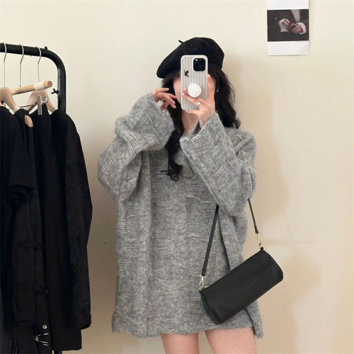 透視復古鏤空方塊圓領大毛衣中長款遮屁股寬松松弛感針織上衣女 透視復古鏤空方塊圓領大毛衣中長款遮屁股寬松松弛感針織上衣女