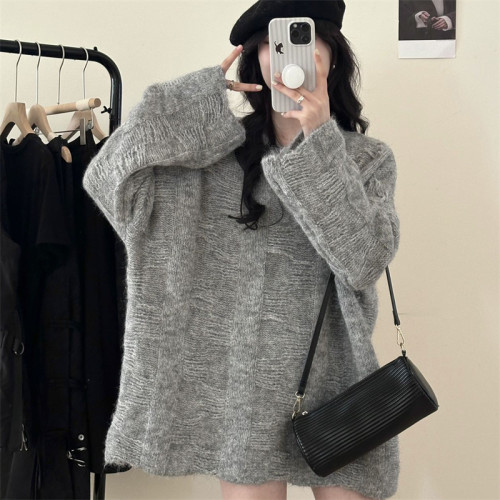 透視復古鏤空方塊圓領大毛衣中長款遮屁股寬松松弛感針織上衣女 透視復古鏤空方塊圓領大毛衣中長款遮屁股寬松松弛感針織上衣女