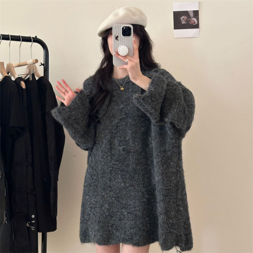 透視復古鏤空方塊圓領大毛衣中長款遮屁股寬松松弛感針織上衣女 透視復古鏤空方塊圓領大毛衣中長款遮屁股寬松松弛感針織上衣女