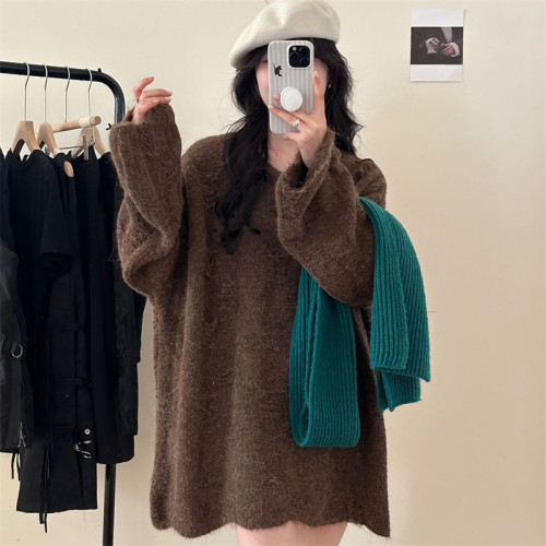 透視復古鏤空方塊圓領大毛衣中長款遮屁股寬松松弛感針織上衣女 透視復古鏤空方塊圓領大毛衣中長款遮屁股寬松松弛感針織上衣女