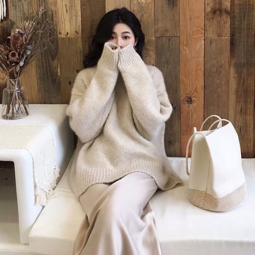 灰色海馬毛毛衣女秋冬季復古風洋氣寬松內搭套頭線衫針織上衣外穿