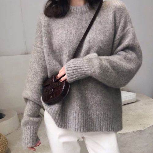 灰色海馬毛毛衣女秋冬季復古風洋氣寬松內搭套頭線衫針織上衣外穿