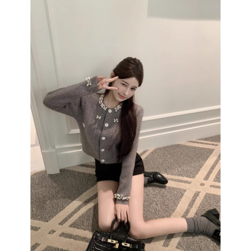 氣質小香風重工釘珠毛衣開衫女2025早秋新款修身顯瘦短款針織上衣