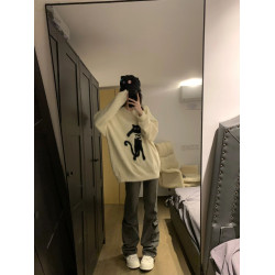 美式貓咪慵懶風寬松圓領毛衣女套頭毛絨針織衫加厚上衣長袖秋冬