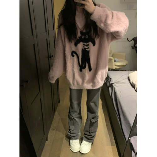 美式貓咪慵懶風寬松圓領毛衣女套頭毛絨針織衫加厚上衣長袖秋冬