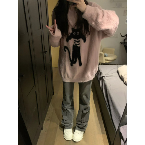 美式貓咪慵懶風寬松圓領毛衣女套頭毛絨針織衫加厚上衣長袖秋冬
