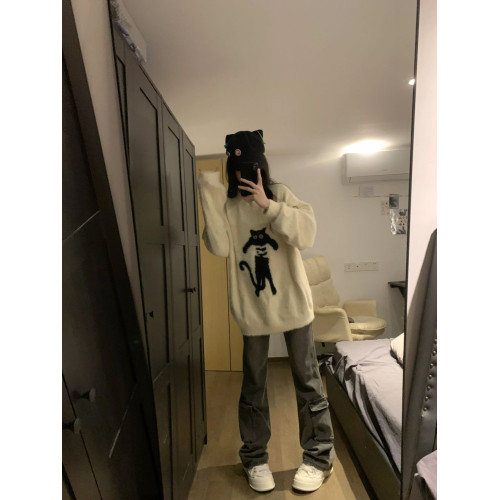美式貓咪慵懶風寬松圓領毛衣女套頭毛絨針織衫加厚上衣長袖秋冬