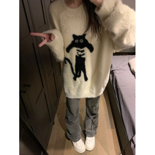 美式貓咪慵懶風寬松圓領毛衣女套頭毛絨針織衫加厚上衣長袖秋冬