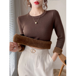 圓領毛衣女加絨加厚一體絨秋冬針織衫修身保暖大碼打底衫內搭上衣