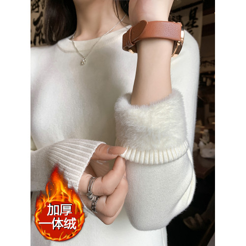 圓領毛衣女加絨加厚一體絨秋冬針織衫修身保暖大碼打底衫內搭上衣
