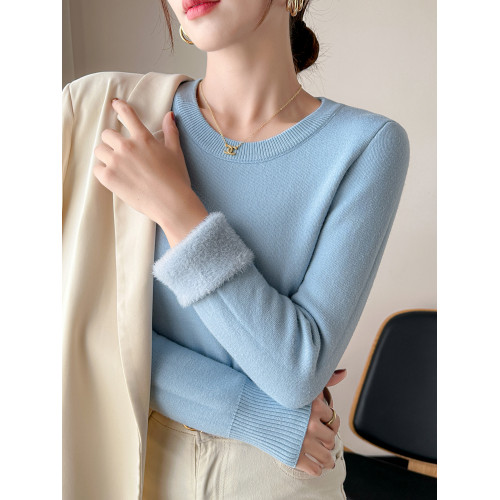 圓領毛衣女加絨加厚一體絨秋冬針織衫修身保暖大碼打底衫內搭上衣