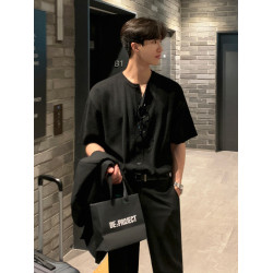 MRCYC短袖針織開衫T恤男夏季韓系潮流老錢風寬鬆純色半袖開衫外套