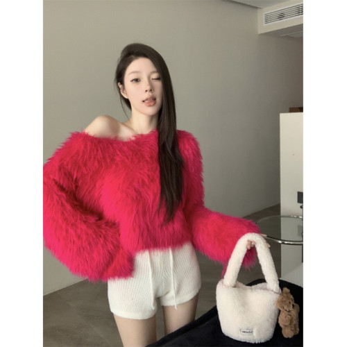 純欲風氣質斜領露肩長袖毛衣女冬季2025新款修身顯瘦套頭針織上衣