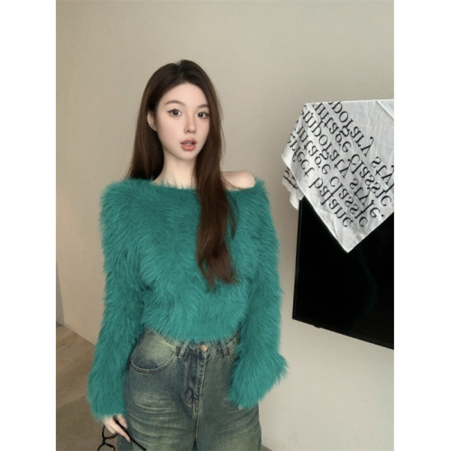 純欲風氣質斜領露肩長袖毛衣女冬季2025新款修身顯瘦套頭針織上衣