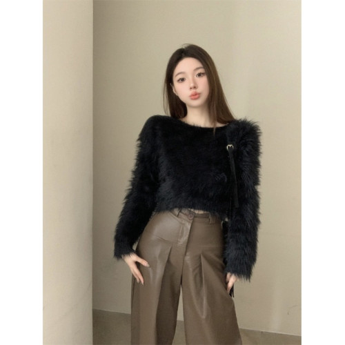 純欲風氣質斜領露肩長袖毛衣女冬季2025新款修身顯瘦套頭針織上衣