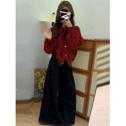 2025新款慵懶高級感紅色毛衣外套女秋冬季小個子針織開衫加厚上衣