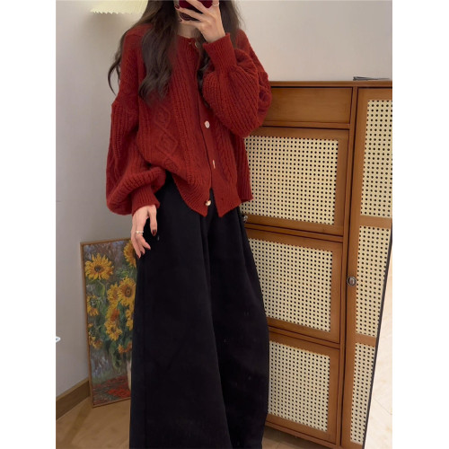 2025新款慵懶高級感紅色毛衣外套女秋冬季小個子針織開衫加厚上衣