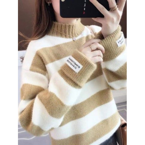 仿貂絨半高領加絨加厚秋冬新款毛衣女保暖條紋寬松套頭打底針織衫 仿貂絨半高領加絨加厚秋冬新款毛衣女保暖條紋寬松套頭打底針織衫