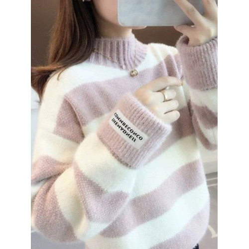 仿貂絨半高領加絨加厚秋冬新款毛衣女保暖條紋寬松套頭打底針織衫 仿貂絨半高領加絨加厚秋冬新款毛衣女保暖條紋寬松套頭打底針織衫