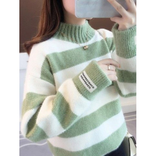 仿貂絨半高領加絨加厚秋冬新款毛衣女保暖條紋寬松套頭打底針織衫 仿貂絨半高領加絨加厚秋冬新款毛衣女保暖條紋寬松套頭打底針織衫