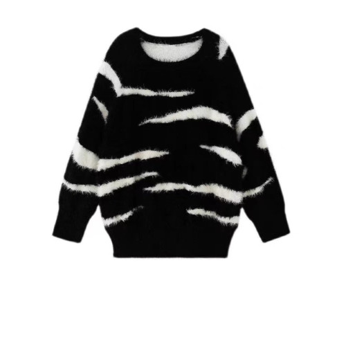 2025秋冬新款加厚長毛馬海毛針織女慵懶風黑白虎紋寬松水貂絨毛衣 2025秋冬新款加厚長毛馬海毛針織女慵懶風黑白虎紋寬松水貂絨毛衣