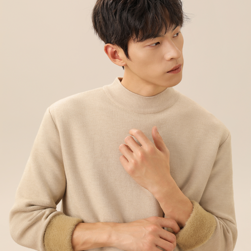 Genio Lamode日系卡其色毛衣男冬季保暖羊絨內搭男士半高領針織衫