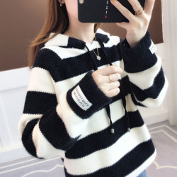 2025秋冬連帽衛衣女毛衣條紋打底衫水貂絨寬松慵懶風外穿學生上衣