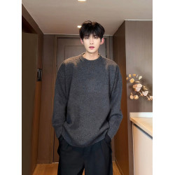 深灰色美式復古毛衣男款秋冬圓領長袖針織衫高級感慵懶風打底外套
