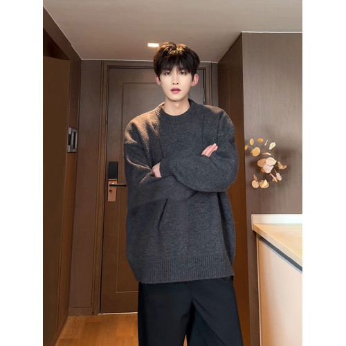 深灰色美式復古毛衣男款秋冬圓領長袖針織衫高級感慵懶風打底外套