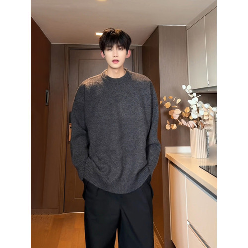 深灰色美式復古毛衣男款秋冬圓領長袖針織衫高級感慵懶風打底外套