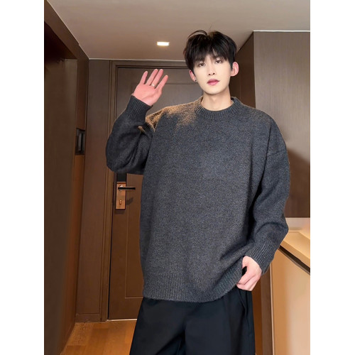 深灰色美式復古毛衣男款秋冬圓領長袖針織衫高級感慵懶風打底外套