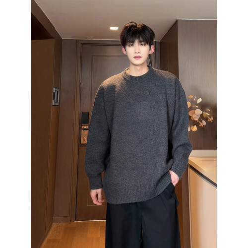深灰色美式復古毛衣男款秋冬圓領長袖針織衫高級感慵懶風打底外套