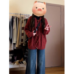 慵懶風紅色牛角釦連帽毛衣外套女秋冬季2025新款聖誕穿搭針織開衫