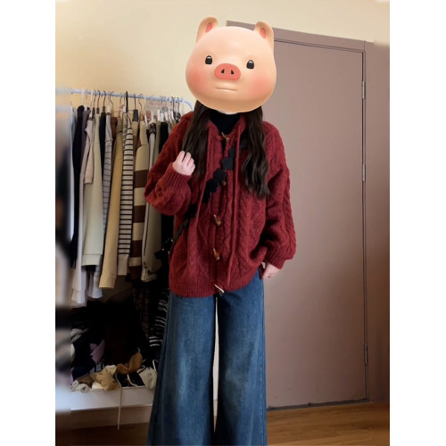 慵懶風紅色牛角釦連帽毛衣外套女秋冬季2025新款聖誕穿搭針織開衫