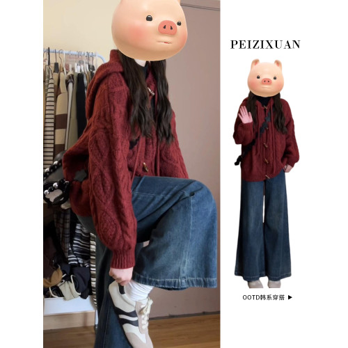 慵懶風紅色牛角釦連帽毛衣外套女秋冬季2025新款聖誕穿搭針織開衫