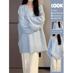 慵懶風藍色v領毛衣女秋冬季2025新款寬松高級感針織衫內搭厚上衣