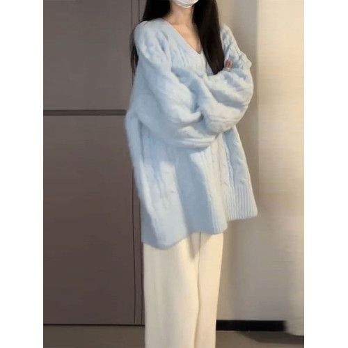 慵懶風藍色v領毛衣女秋冬季2025新款寬松高級感針織衫內搭厚上衣