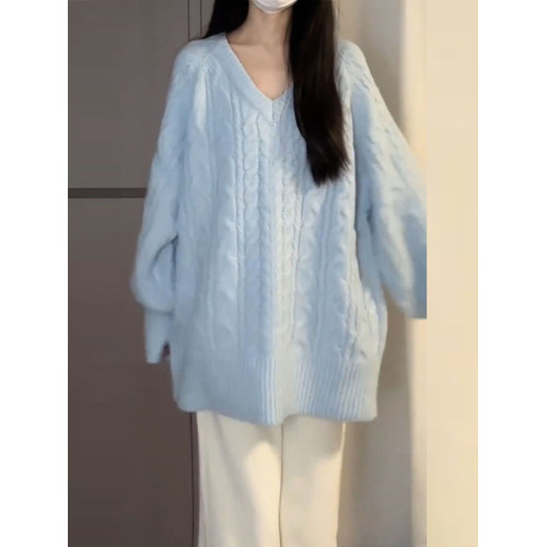 慵懶風藍色v領毛衣女秋冬季2025新款寬松高級感針織衫內搭厚上衣