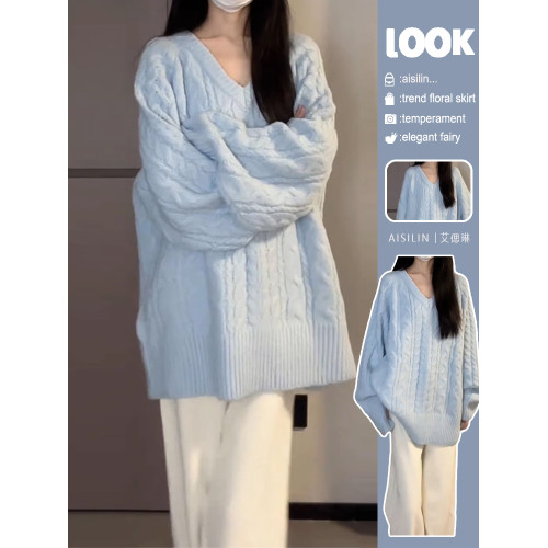 慵懶風藍色v領毛衣女秋冬季2025新款寬松高級感針織衫內搭厚上衣