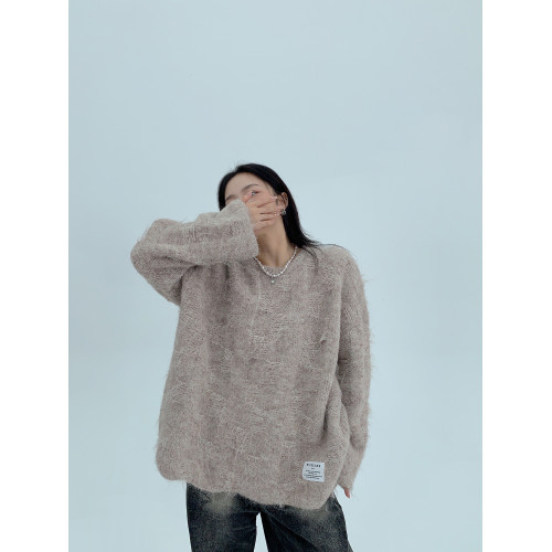 廢柴秋冬慵嬾松弛感毛絨絨短款圓領毛衣女寬鬆復古氛圍感針織上衣