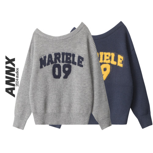 ANNX2025美式甜酷風字母斜肩毛衣寬松純欲秋季休閒百搭復古針織衫