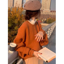 韓系chic寬松顯白南瓜色加厚保暖針織衫女秋冬季外穿套頭毛衣內搭