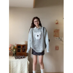 韓系秋冬穿搭毛絨小狗提花毛衣女灰色慵懶風寬松外穿套頭針織上衣