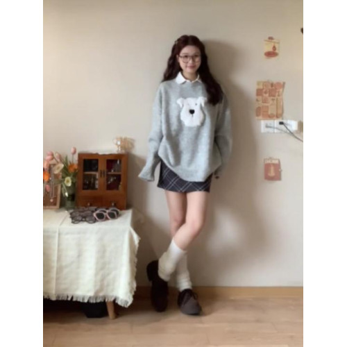 韓系秋冬穿搭毛絨小狗提花毛衣女灰色慵懶風寬松外穿套頭針織上衣