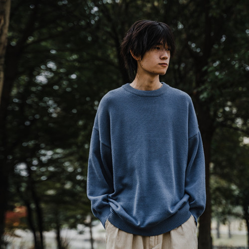 南鶴冬季男士日系圓領毛衣寬松休閒學生潮牌百搭加厚套頭針織衫